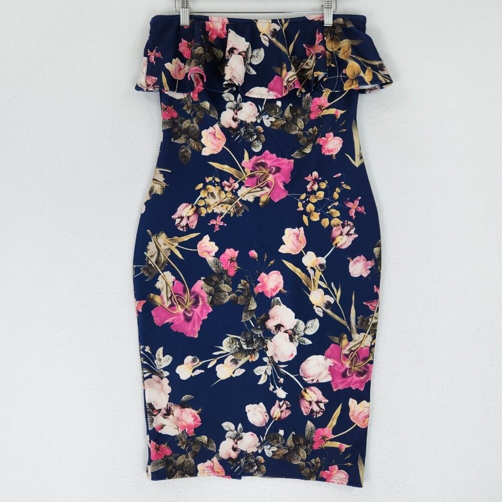 Asos Dress Womens 10 Blue Pink Floral Strapless Ruffle Summer Wedding Casual